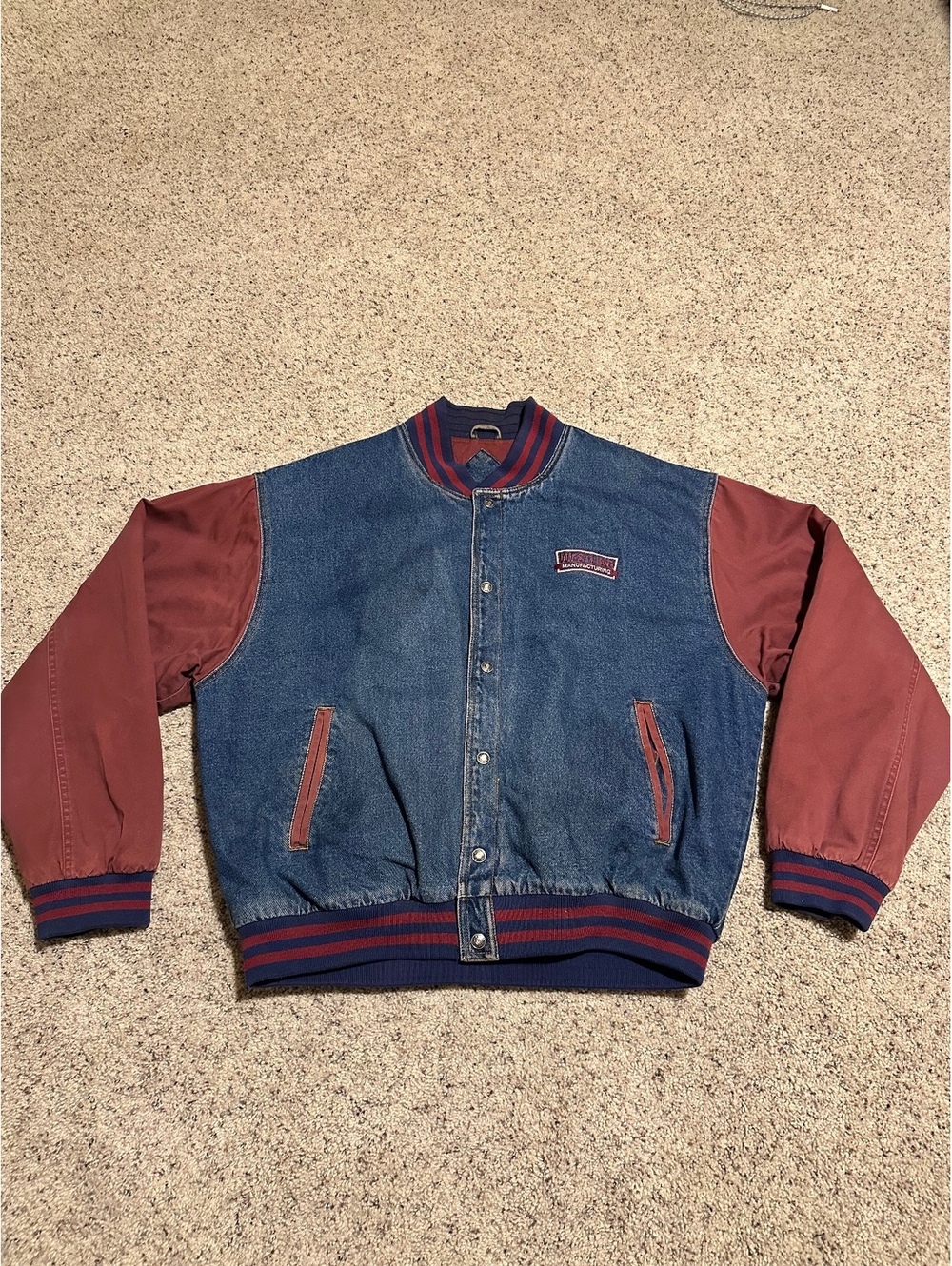 Vintage Tri-Mountain Denim and Burgundy Bomber Jacket XL
